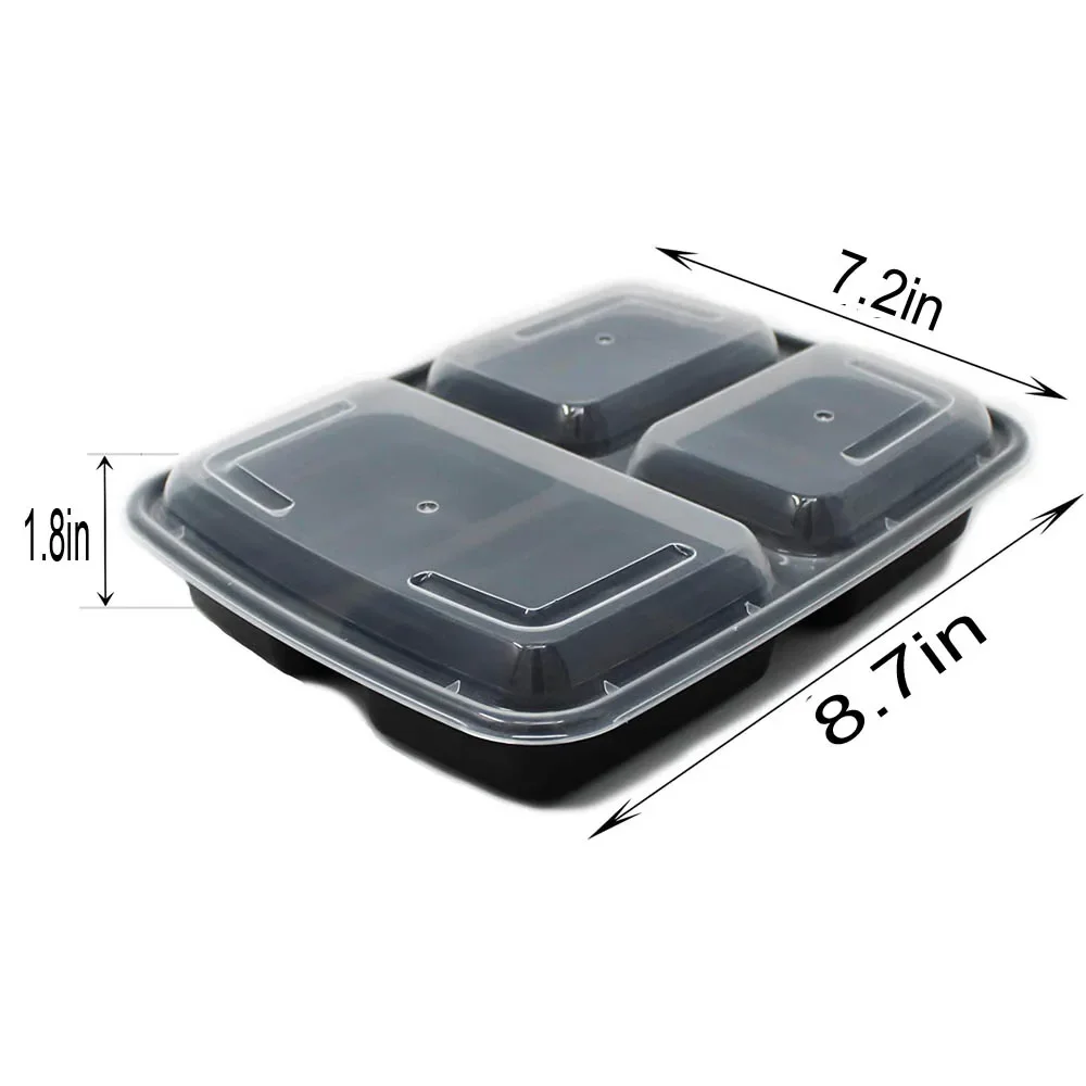 32oz Three Grid Lunch Box 20Pcs Disposable Lunch Box Microwave Heating Tableware Stackable Plastic Food Storage Container