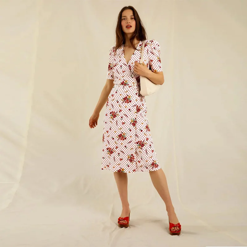 

Spot Goods Zhang Jiani Same Style Summer New2025Printed Floral Vintage Tea Dress French Short SleeveVCollar