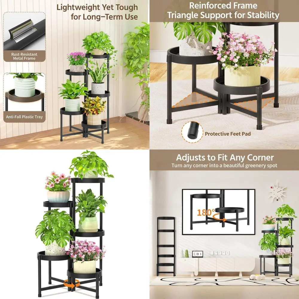 

5-ярусная подставка для растений для дома или нескольких больших кашпо, высокая, прочная, регулируемая, с пластиковыми полками, устойчивыми к ржавчине, S