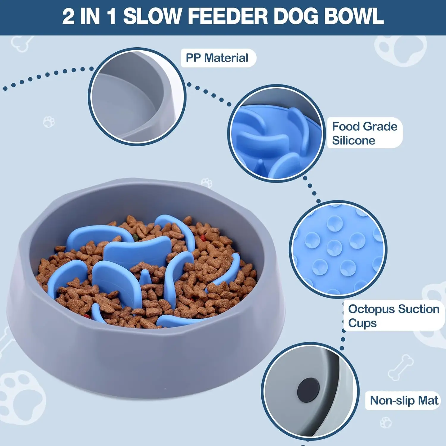 Slow Feeder Dog Bowls Insert, 2-in-1 Slow Feeder Dog Bowls with Silicone Slow Feeder Insert,Anti-Choking Puzzle Food Bowl