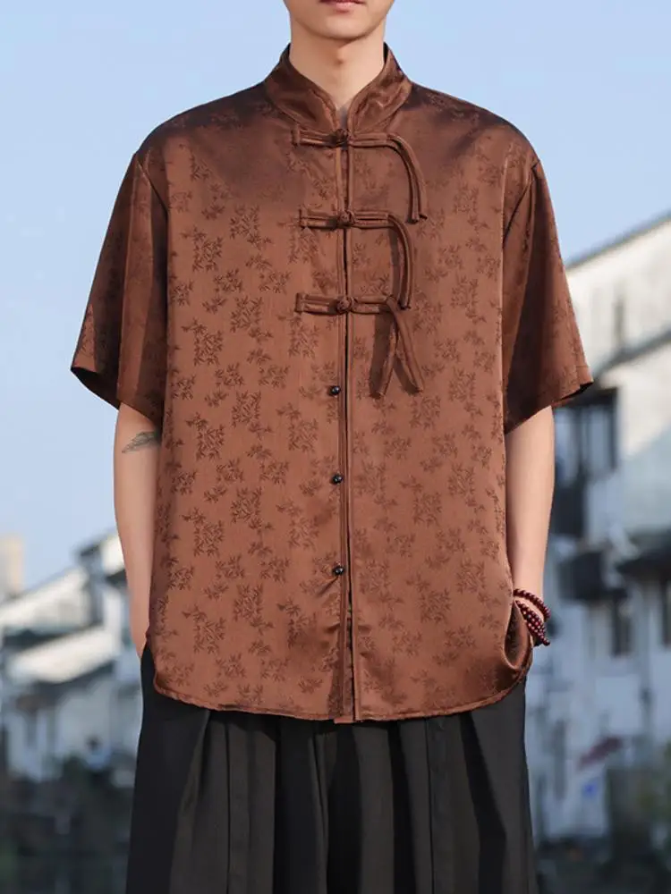 

Мужская рубашка из ледяного шелка с коротким рукавом в традиционном китайском стиле, летняя, с цветочной вышивкой, на пуговицах, свободного кроя, молодежная