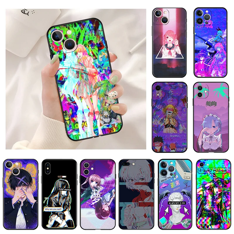 Silicone Black Phone Cases for iphone 16 Pro Max 7 8 14 15 Plus SE XR 11 12 13 Mini 15Pro Vaporwave Girl Anime Soft Cover