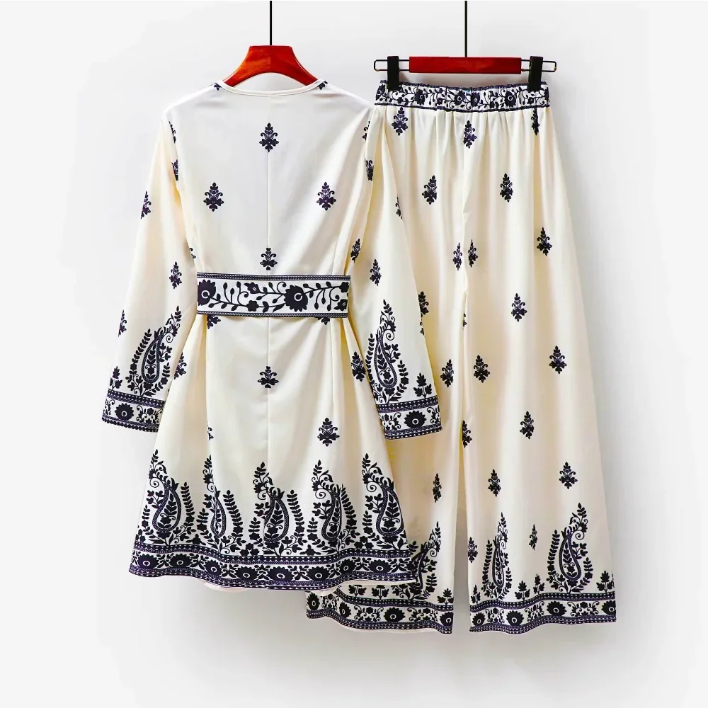 Ethnic Print Modest Muslim Women Two Piece Outfit Belted Kaftan Top with Pants Ramadan Eid Fashion Casual Lounge Wear