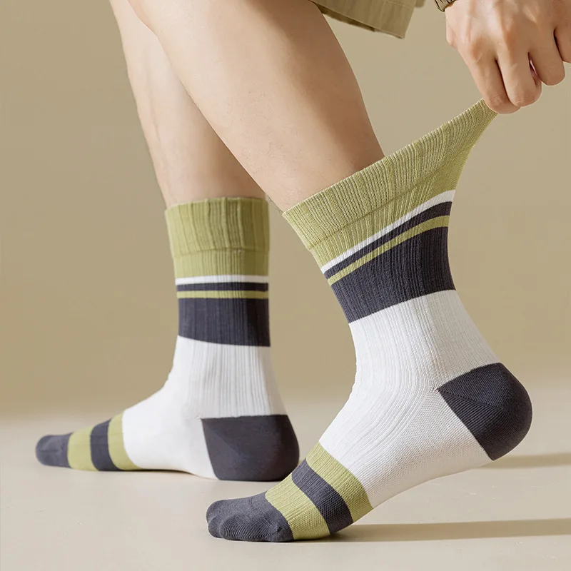 Men'S Stockings Color Block Cotton Socks Stripe Mid-Calf Stockings For Men Letter Embroidery Long Socks Leisure Versatile