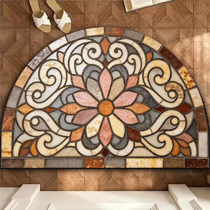 VIKAMA Semi Circular Gradient Art Painted Glass Door Mat, Non-Slip Door Rug for Bathroom & Entryway, Colorful Home Decor