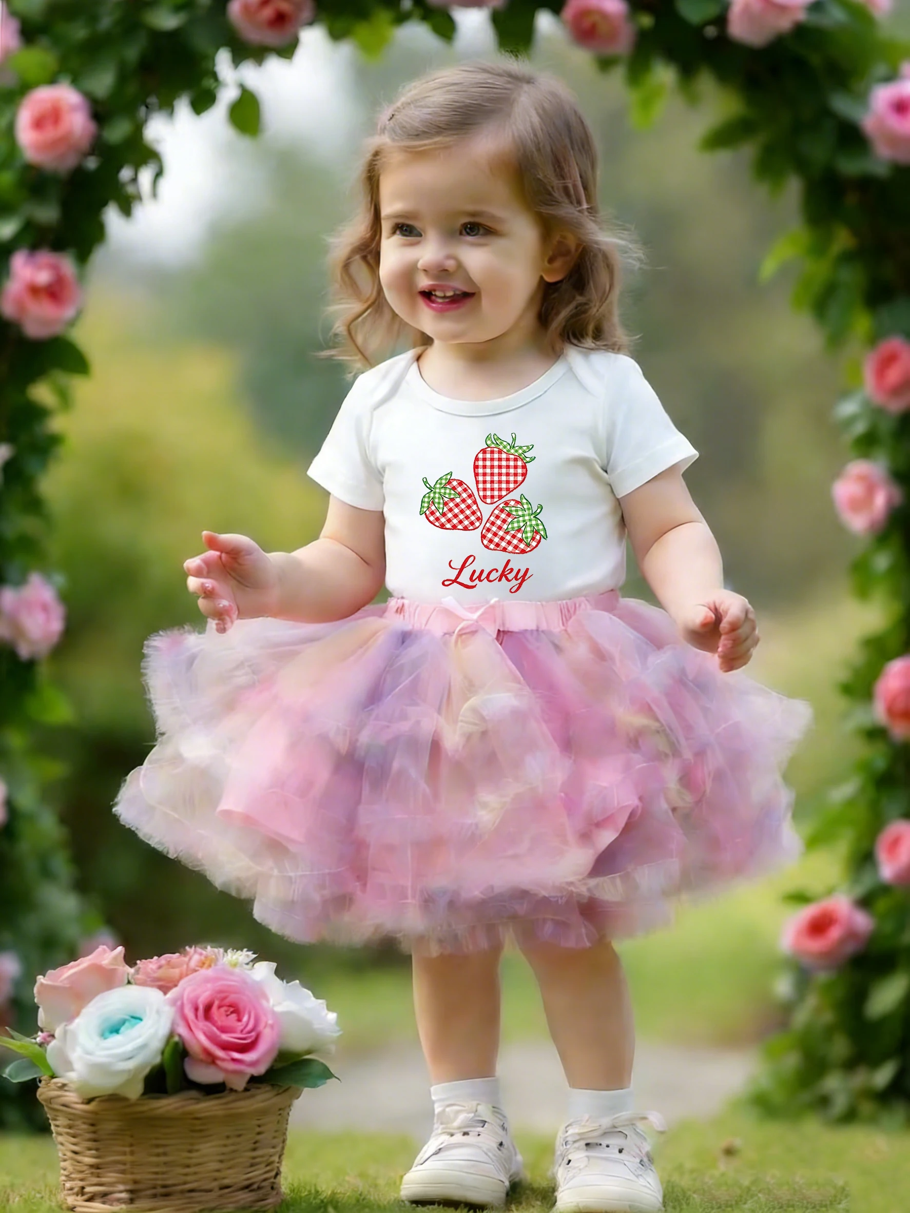 Mädchen Erdbeer-Print T-Shirt Farbverlauf Tüll Tutu Rock Zweiteiler Set Sommer Neuerscheinung