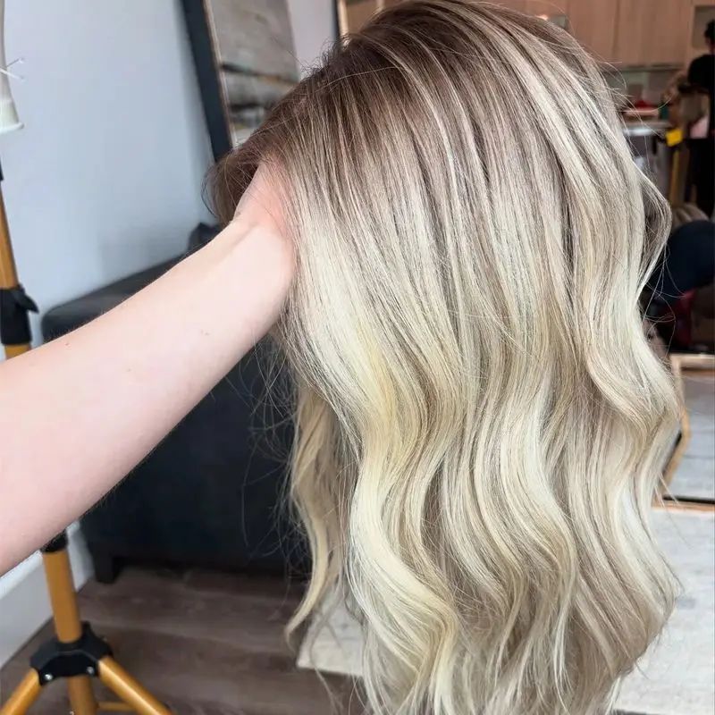

Light Blonde Highlights Balayage Synthetic Lace Front Wig Look 24 Inches Waves Money Piece Natural Hair Wig 20 Inches Party Wigs
