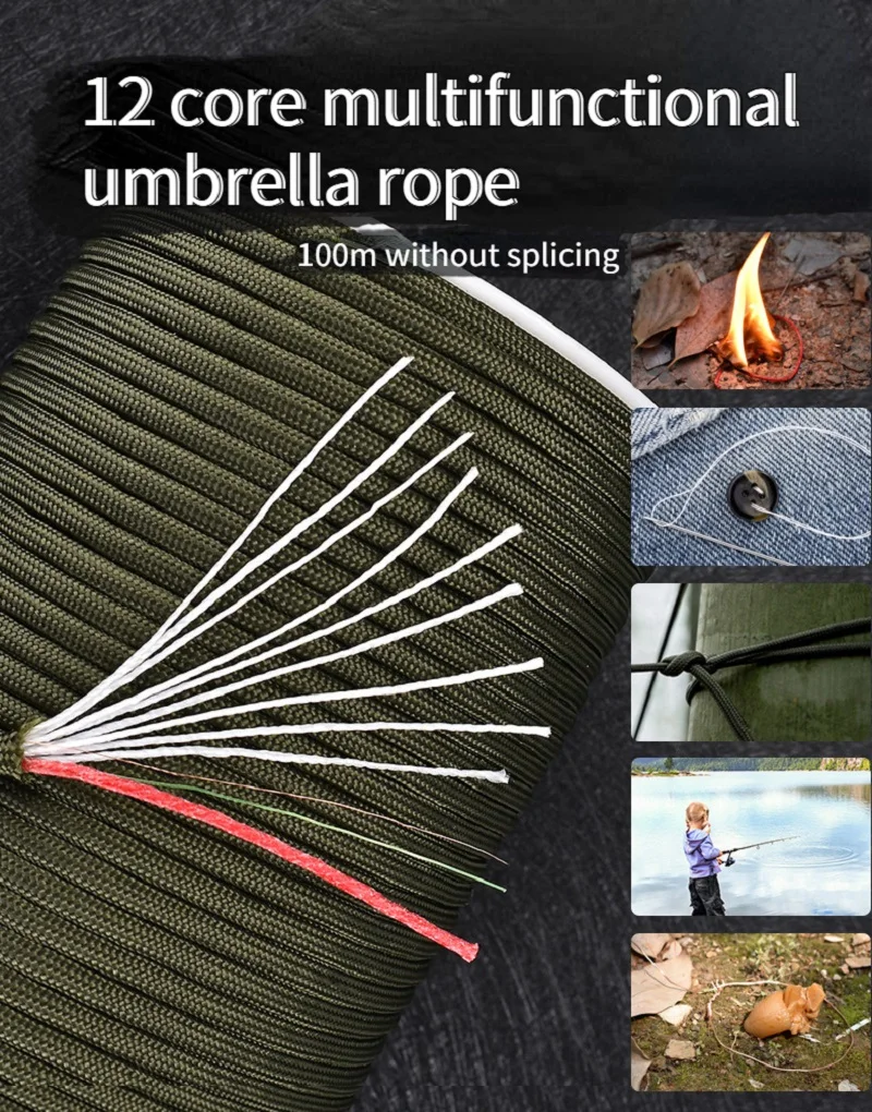 

550 Military 12 Strand Paracord With Fishing Metal Fire Rope 100M (330 FT) Outdoor Camping Survival Tool Parachute Cord