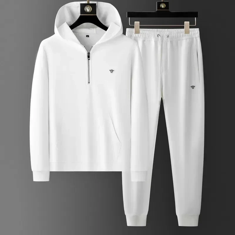 

New Hooded Bee Printed Men's Sets Luxury Spring Autumn Solid Color Male Sweatshirt Elastic Waist Man Pants Tracksuit
