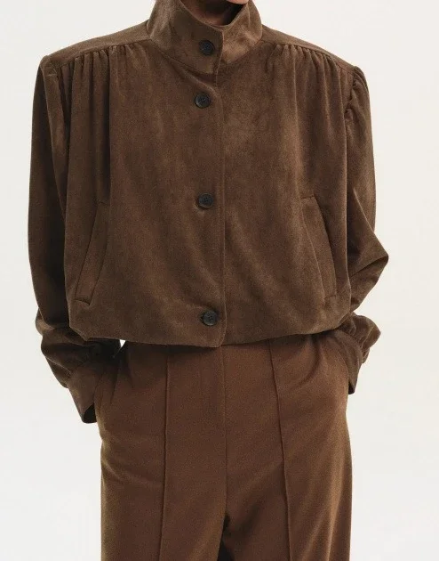 Pullover Pleated Single-button Merlot-colored Short Women's Suede Jacket with A Stand Collar Leather Jacket Women