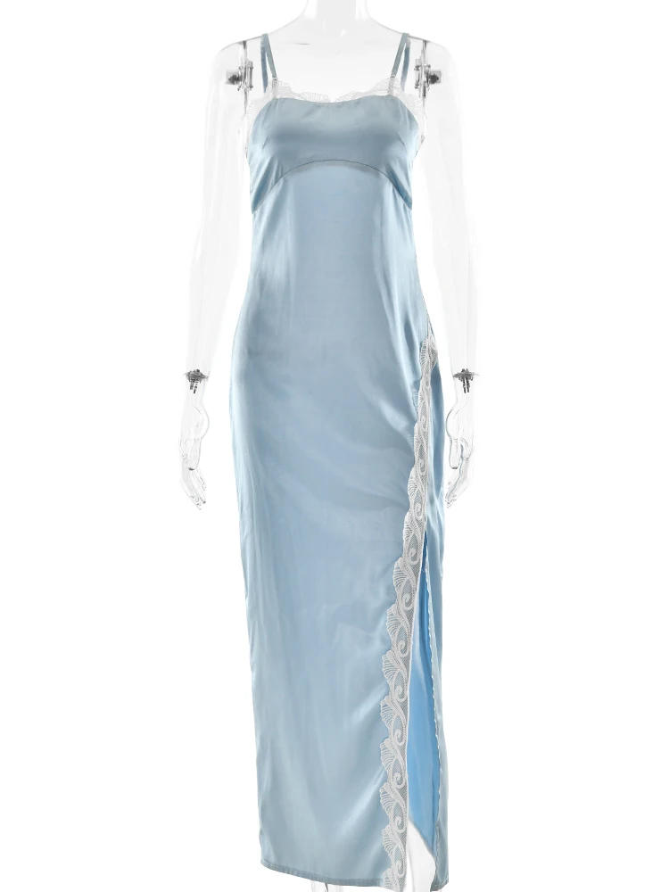 Oniflyme 레이스 패치 워크 스플릿 새틴 맥시 드레스 여성 스파게티 스트랩 슬래시 넥 백리스 Bodycon 드레스 streetwear 섹시한 가운