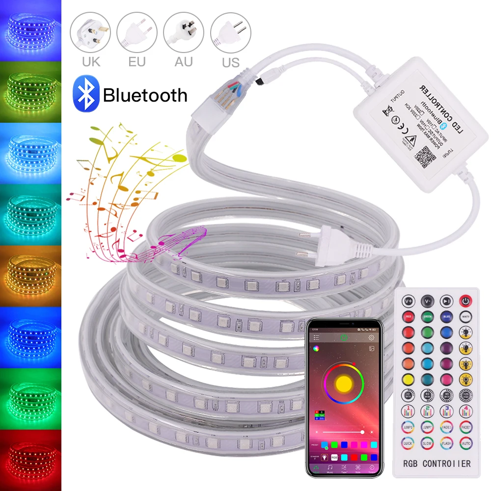 

RGB LED Strip Light AC 220V 110V Waterproof Diode Tape SMD5050 60LEDs Bluetooth Control Flexible LED Ribbon White Warm White