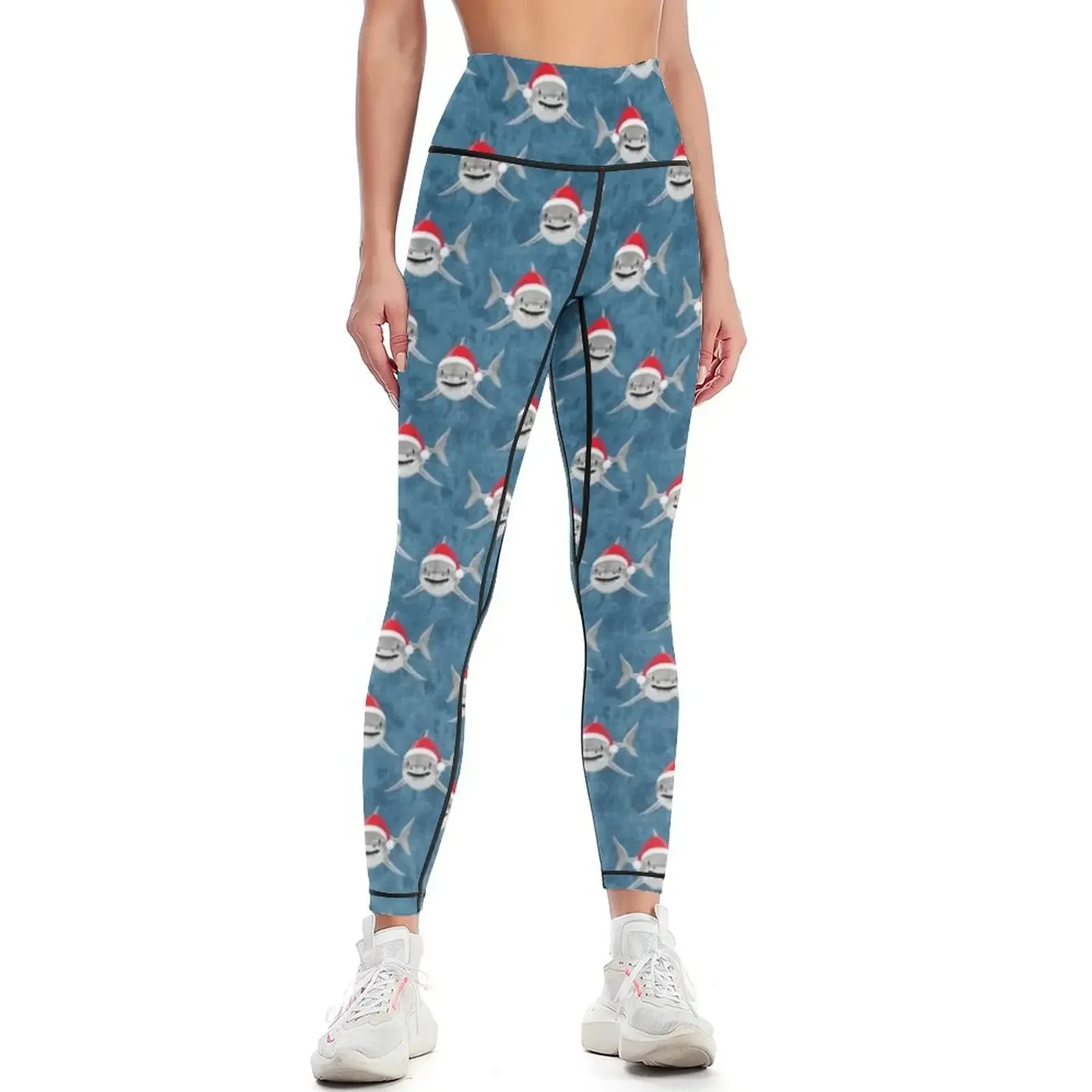 

Santa Sharks - blue - Christmas shark Leggings gym wear Female legging pants gym top Womens Leggings