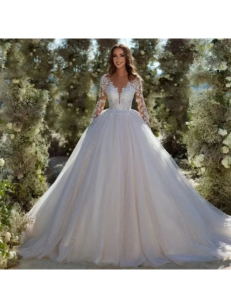 Abiti da sposa principessa Sheer O-Collo per le donne 2024 maniche lunghe Appliques bottoni posteriori abiti da sposa abiti da sposa