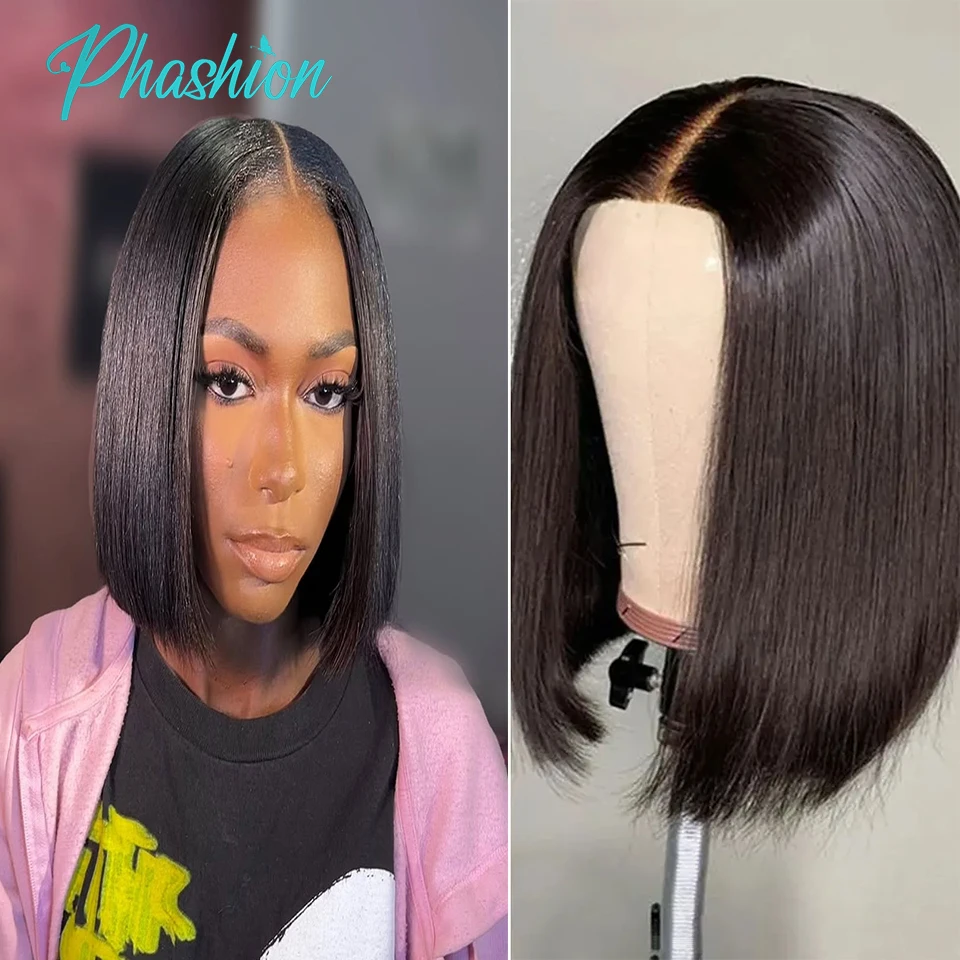 

Phashion 2x6 4x4 Glueless Straight Short Bob Wigs With Natural Hairline For Black Women 100% Remy Human Hair Blunt Cut On Sale