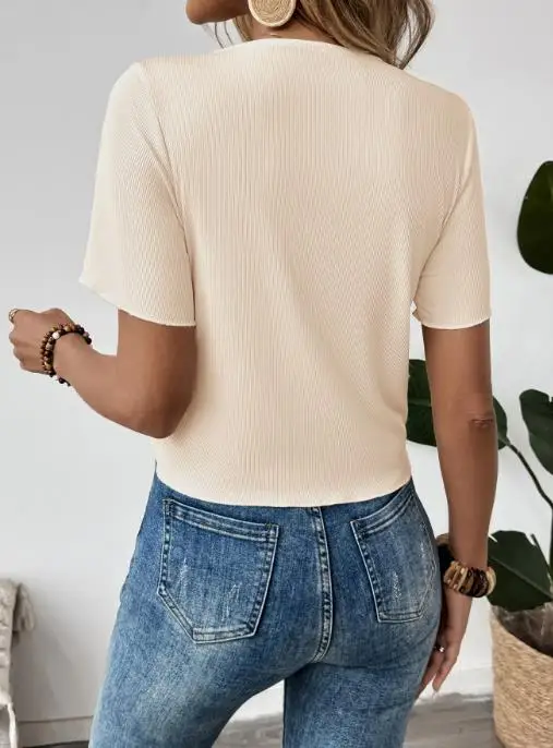 

Women T-Shirt 2025 Design Sense Simple Drawstring Three-Dimensional Flower Irregular V-Neck Solid Color Women Short Sleeved Top