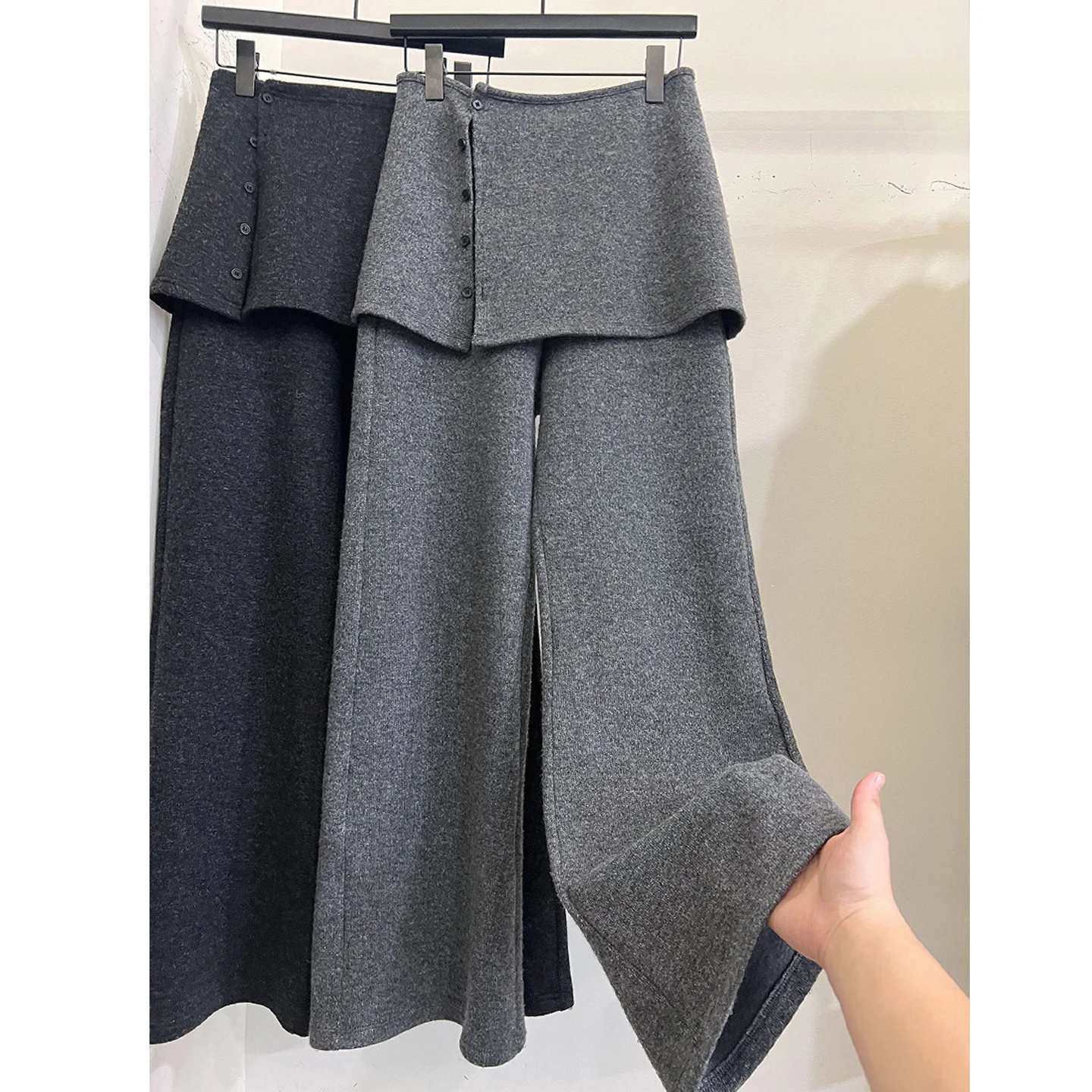 กางเกงขายาวทรงบานเล็กน้อย ผ้ามีซับใน สำหรับผู้หญิงไซส์ใหญ่ เอวสูง ทรงขากว้าง สไตล์ลำลอง แฟชั่นฤดูใบไม้ร่วงและฤดูหนาว