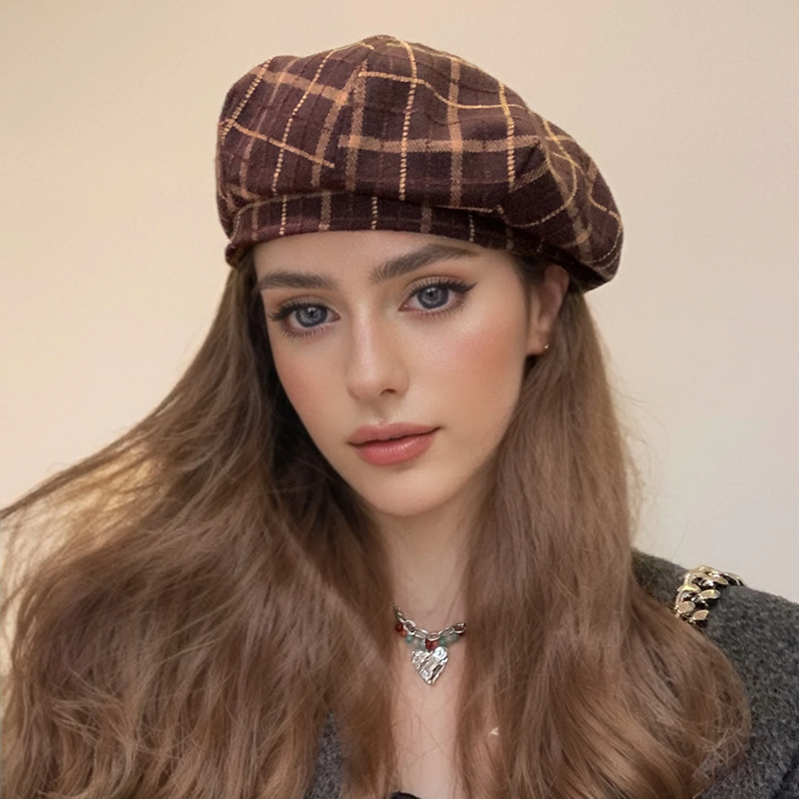 Plaid Beanies Beret Retro Photography Flower Bonnets Masquerade Fascinator Hat Fashion Caps Female Modern Winter Hat for Ladies