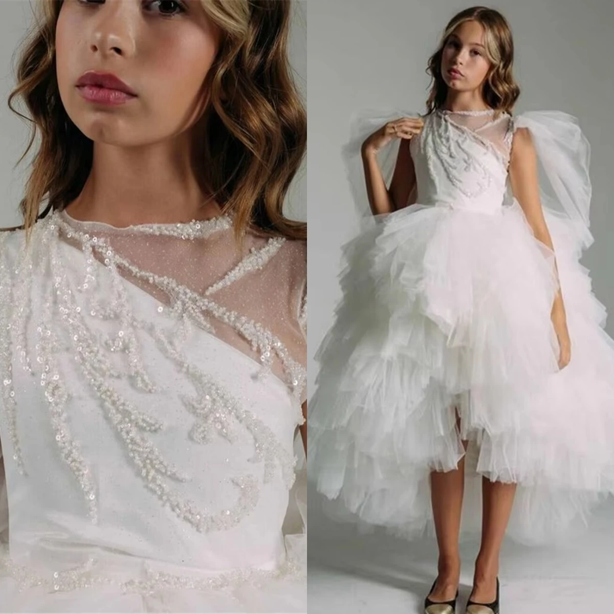 

Quality White Flower Girl Dress Tulle Fluffy Layering for Wedding Party Gowns Short Sleeves Kids Birthday Ball Evening Dresses