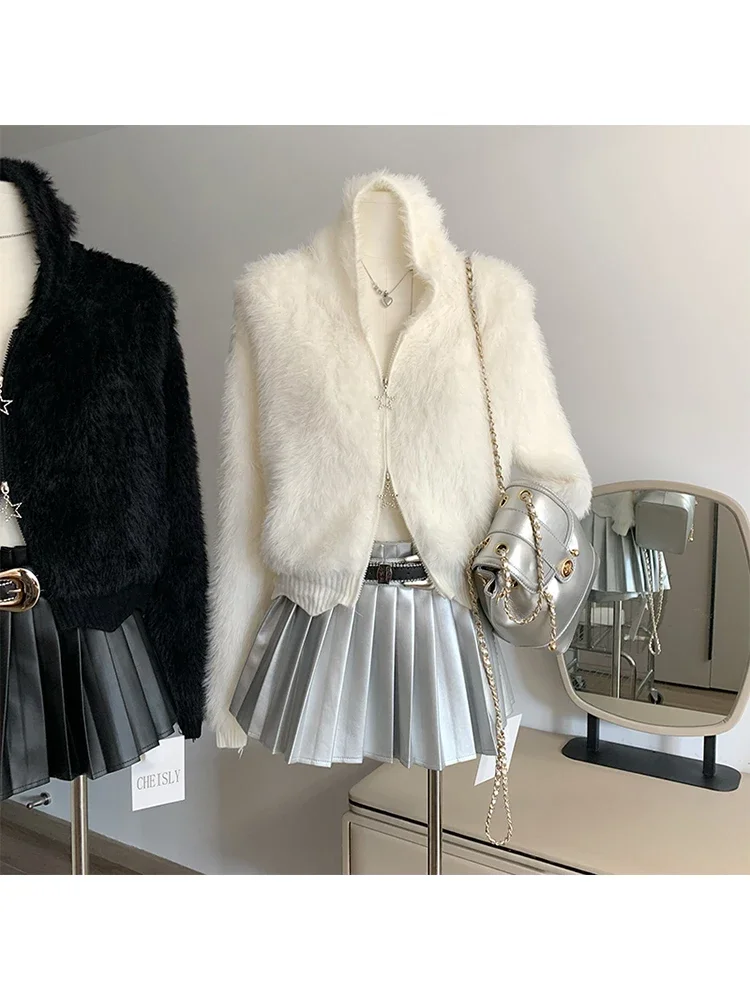 

r шикарная милая простая верхняя одежда Gyaru Mori Girl Style корейские осенние женские кардиганы на молнии с капюшоном уютный плюшевый теплый свитер