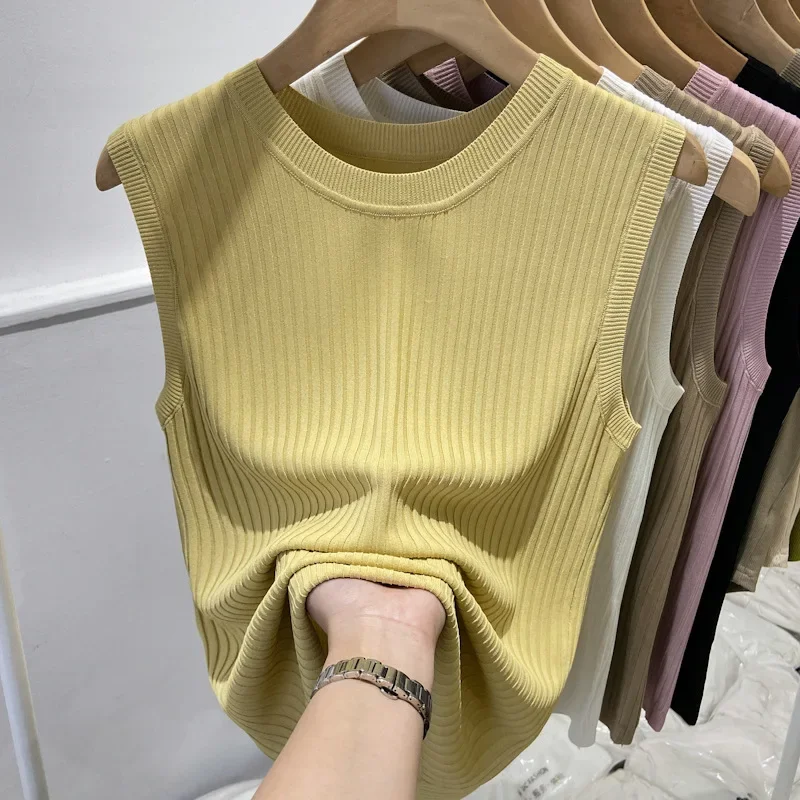 

Round Necked Ice Silk Camisole Vest for Women Summer Sleeveless Bottom Top for Outerwear New Knitted Sweater