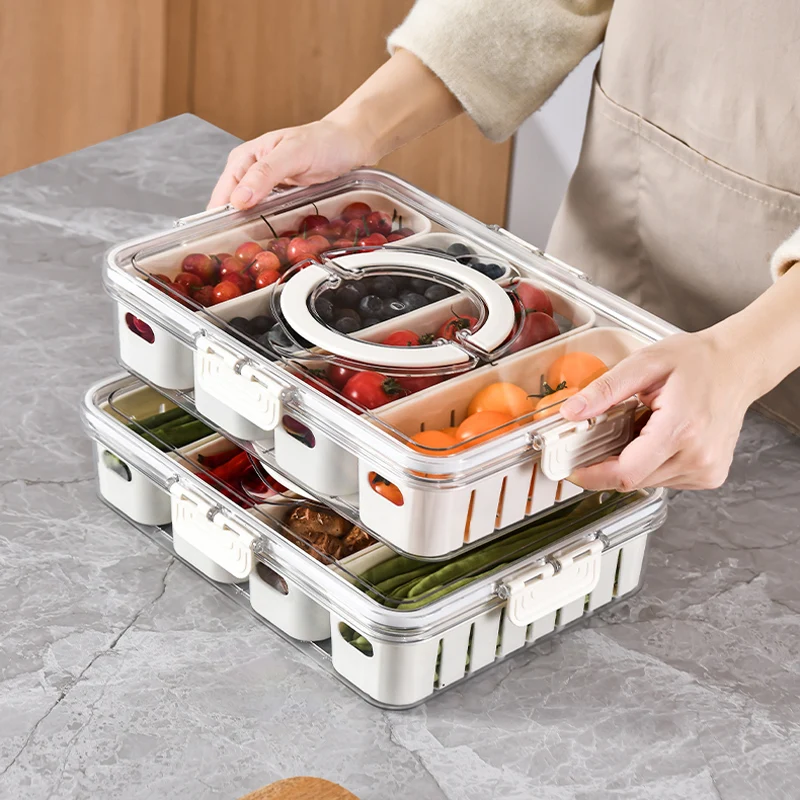 Geteilter Teller mit Deckel, Aufbewahrungsbox für Lebensmittel, Snackbox, 4/8-Gitter-Snackbox, Obst-Aufbewahrungsbox für Kühlschrank, Gemüse, Obst