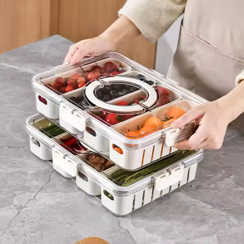 Divided Plate with Lid, Food Storage Box, Snack Box, 4/8 Grid Snack Box, Fruit Storage Box for Refrigerator, Vegetable, Fruit