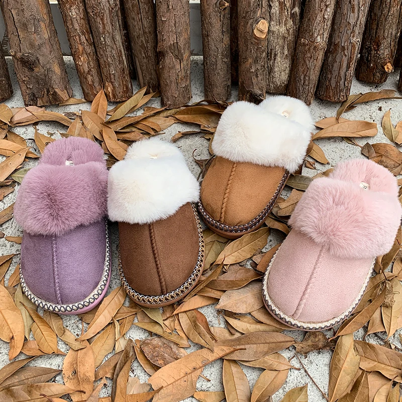 Luxury Purple Pink Fur Slippers Woman Winter Warm Plush Mule Slides Ladies Brand Design Ethnic Stitching Cotton Home Shoes