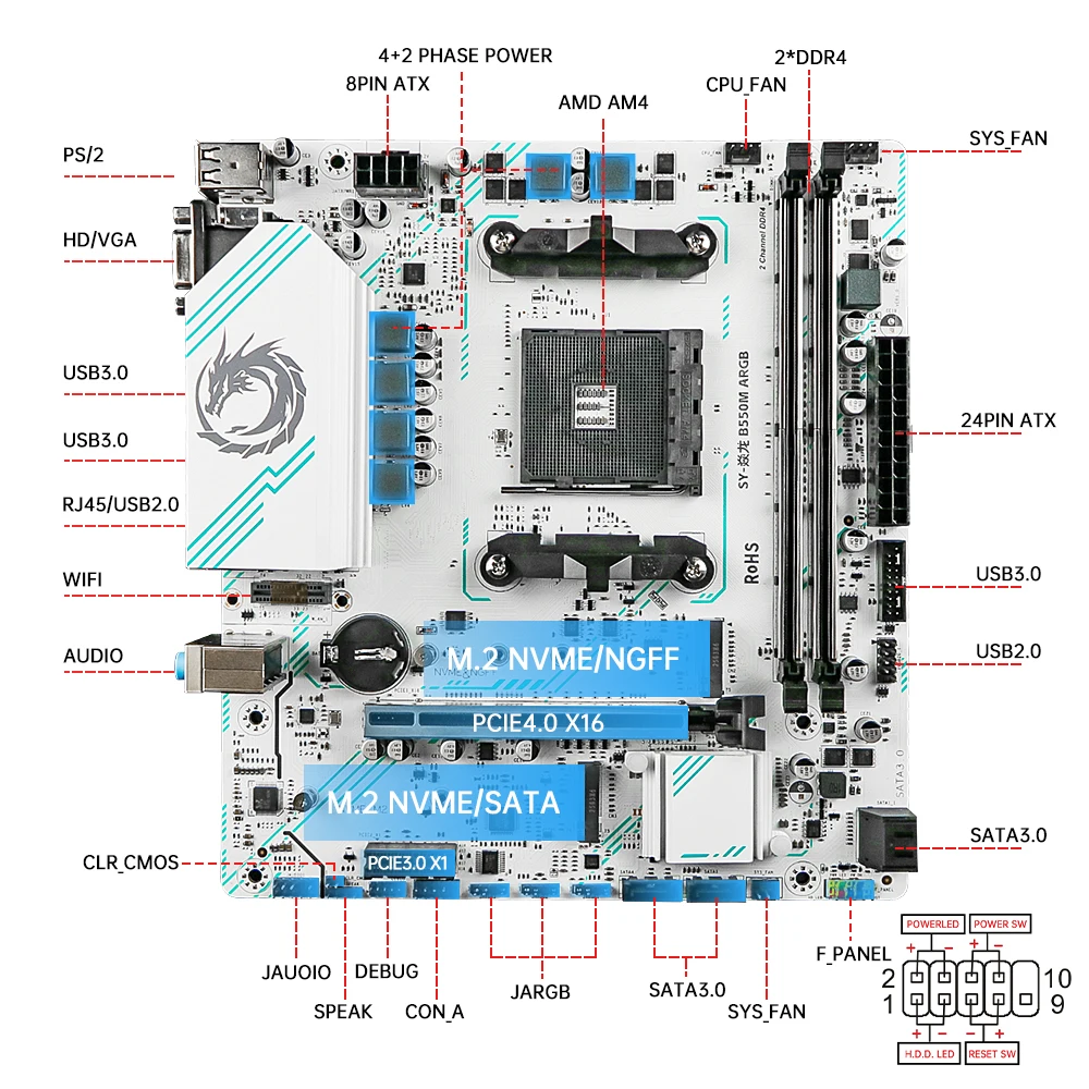 SOYO AMD Ryzen B550M ARGB DDR4 Motherboard AM4 Computer Combo Set Office Desktop PC Game PCIE4.0*16 M.2 NVME/MGFF SATA USB3.0 24PIN+8PIN USB2.0 HD/VGA Memory up to 64GB