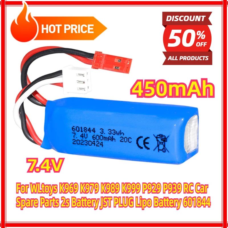 For WLtoys K969 K979 K989 K999 P929 P939 RC Car Spare Parts 2s Battery JST PLUG 7.4V 450mAh  Lipo Battery 601844