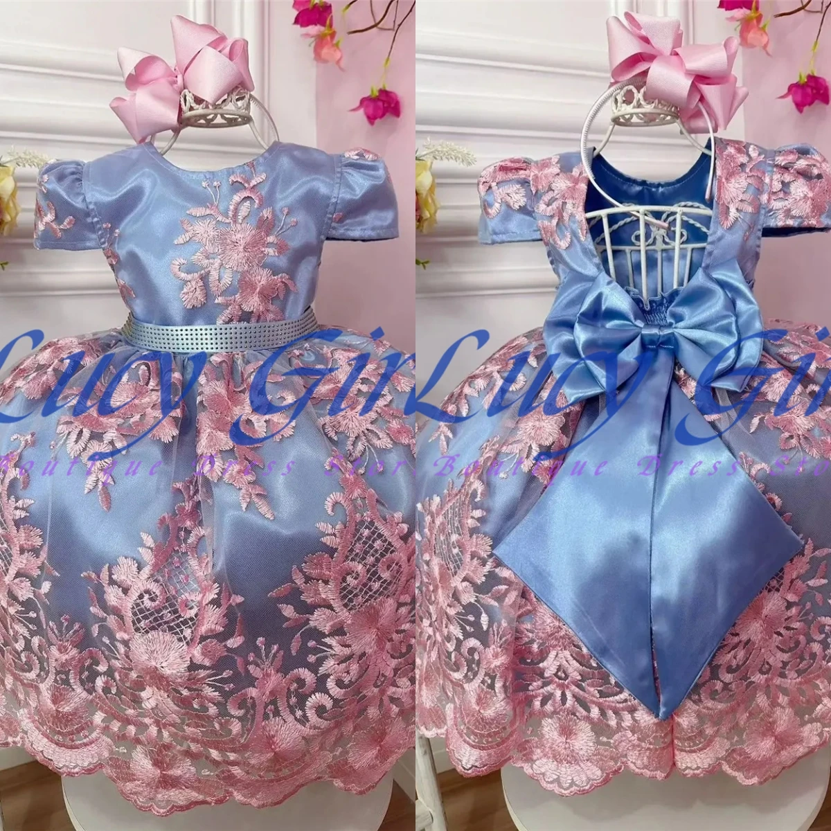 

Luxurious Blue Flower Girls Dress Satin Fluffy With Pink Lace Applique For Princess Short Sleeve Kids Birthday Party Gowns