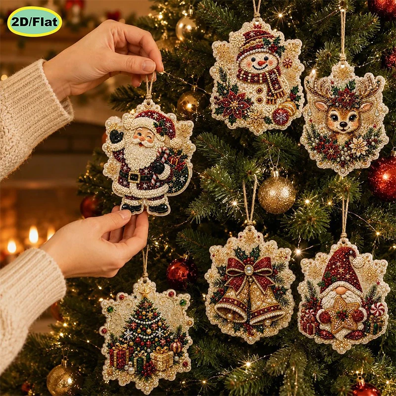 A collection of twenty-four various DIY diamond painting holiday wooden ornaments featuring intricate rhinestone patterns of festive dogs, Santa Claus, cardinals, winter landscapes, and gingerbread characters hanging on a tree and wreaths.