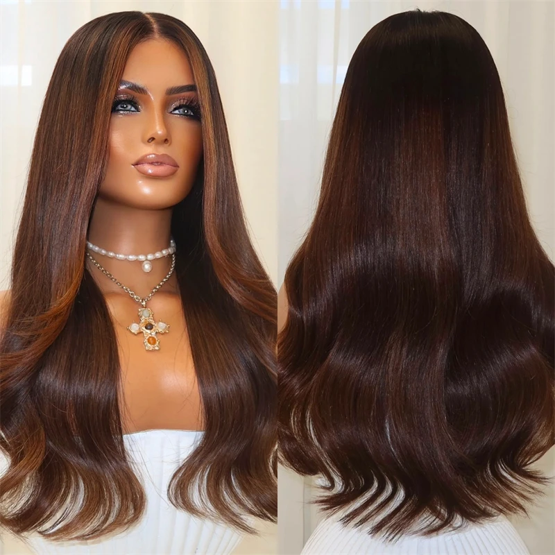 Preplucked Hairline Ombre Dark Brown HD Lace Front Wig Synthetic Hair Wig Heat Resistant Fiber Balayage Premium Wig 26 Inches