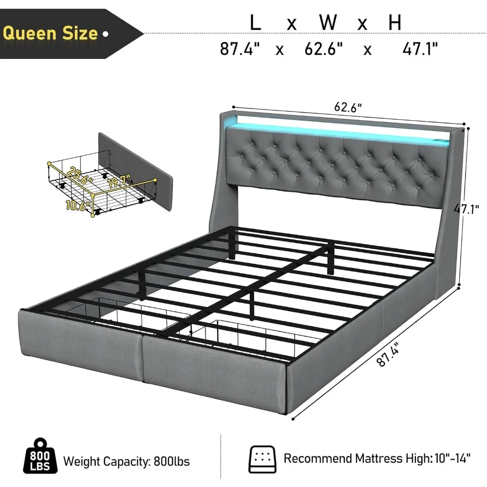 SADENICEL Queensize bedframe met opberghoofdeinde en 2 lades, metalen queensize bedframe met LED-licht, oplaadstation