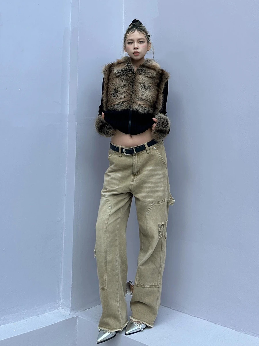 Roriri preto malha fuzzy camisola cardigan outono inverno zip up ponto punhos de pele do falso manga longa topo gyaru y2k roupas femininas