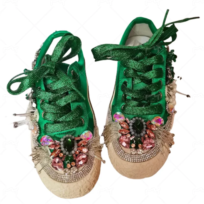 Sequin tassel rhinestone three-dimensional flower canvas shoes hand-customized green flower satin top sports women's shoes 35-40