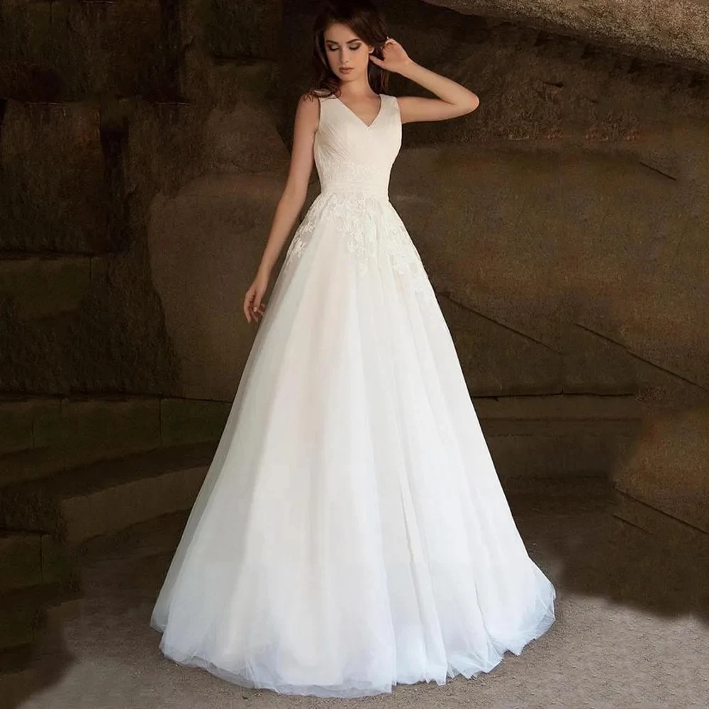 

Celebrity A-Line Women Wedding Dresses Sexy V-Neck Sleeveless Prom Gowns Formal Lace Applique Ball Vestidos De Novia Customized