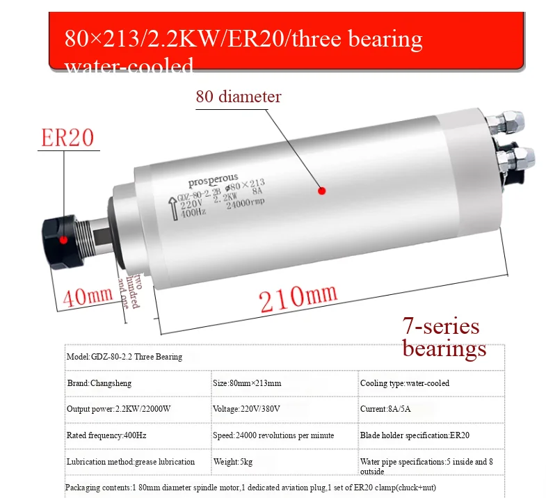 Changsheng spindle 2.2KW ER20 80x213mm water cooled spindle