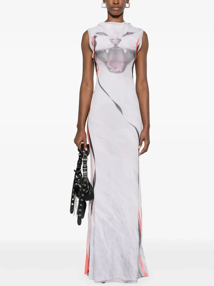 Tank Maxiชุดผู้หญิงแฟชั่นเซ็กซี่Streetwear Kittyพิมพ์O-คอผอมยาวVestidos RobeหญิงสบายๆSlim