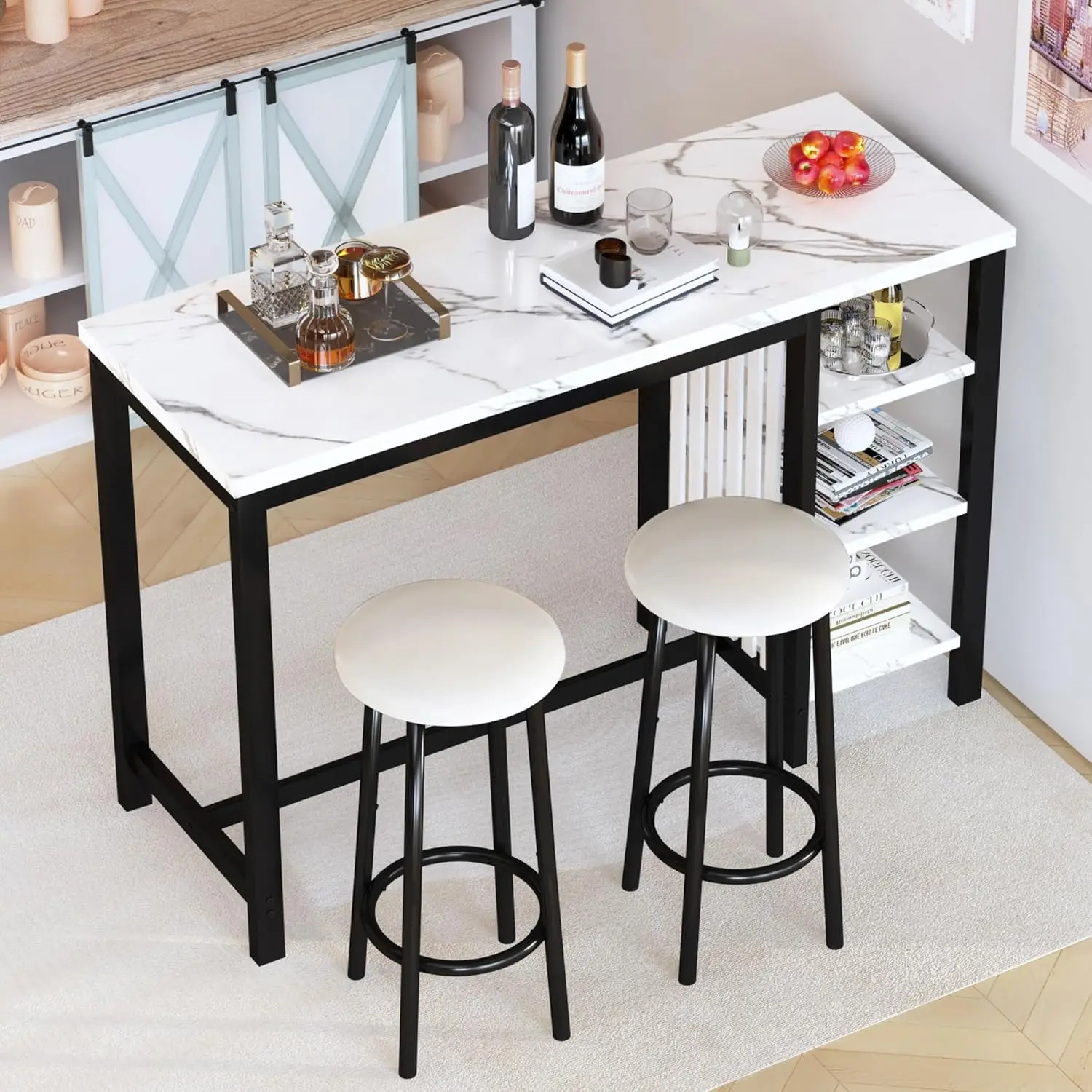 AWQM-Home Bar Mesa Set, Faux Marble Jantar Set com Prateleiras De Armazenamento, estofados Couro Bar Altura Banquetas, Branco, 47"