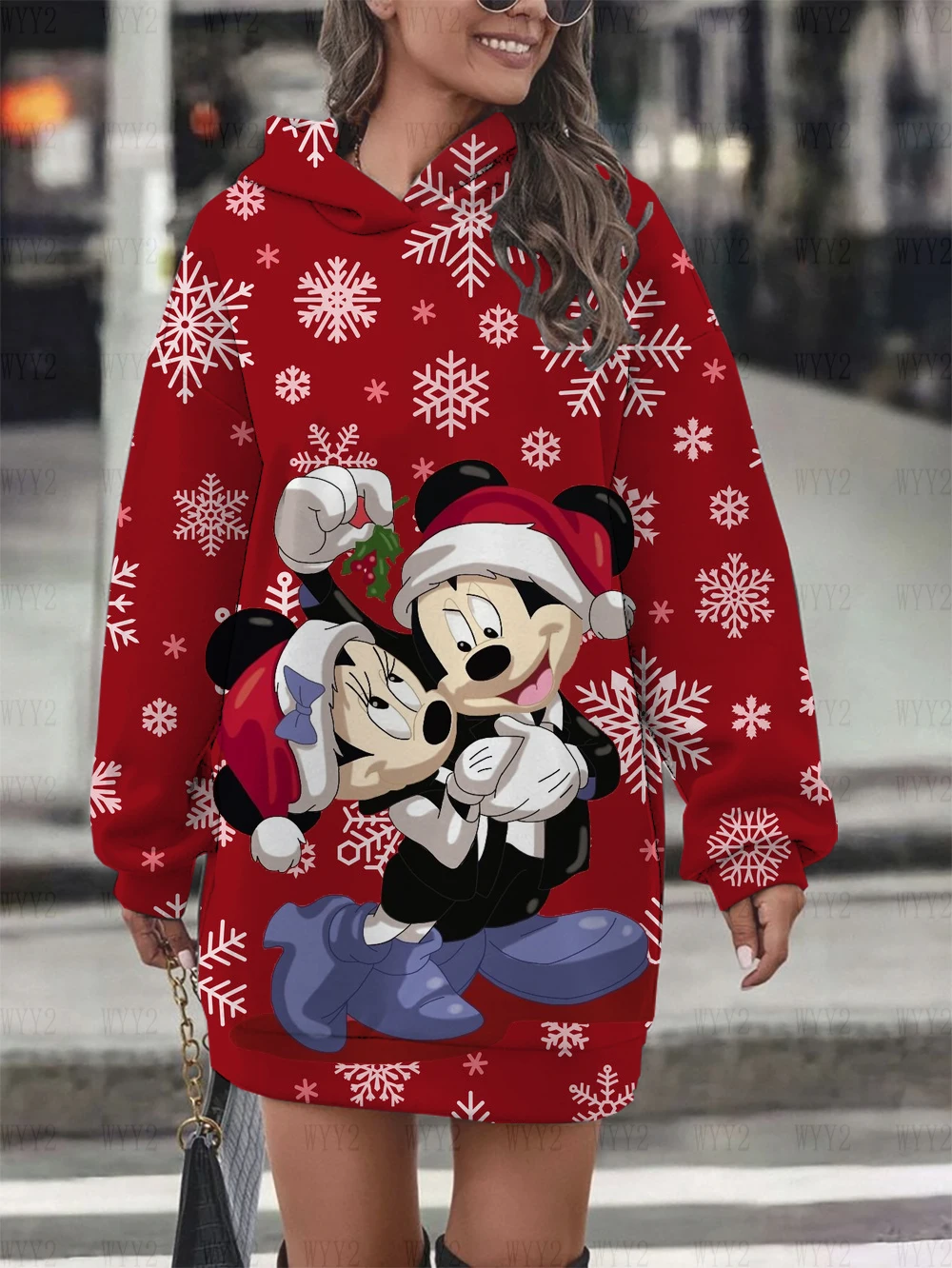 Disney Christmas Snowflake Mickey Mouse Versatile Printed Top Pullover Hooded Women\'s Sweatshirt Printed Casual Street Loose