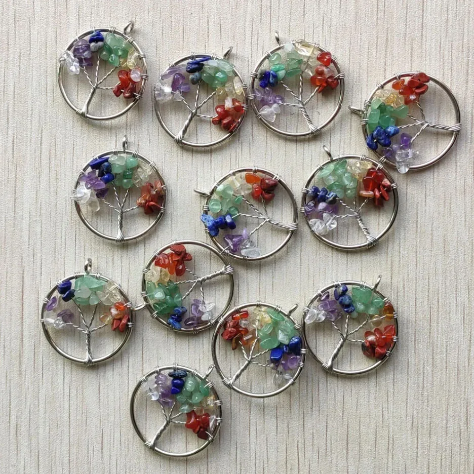 Fashion natural stone 7 chakras Tree of life handmade wire wrapped pendants 30mm for jewelry marking Wholesale 12pcs/lot