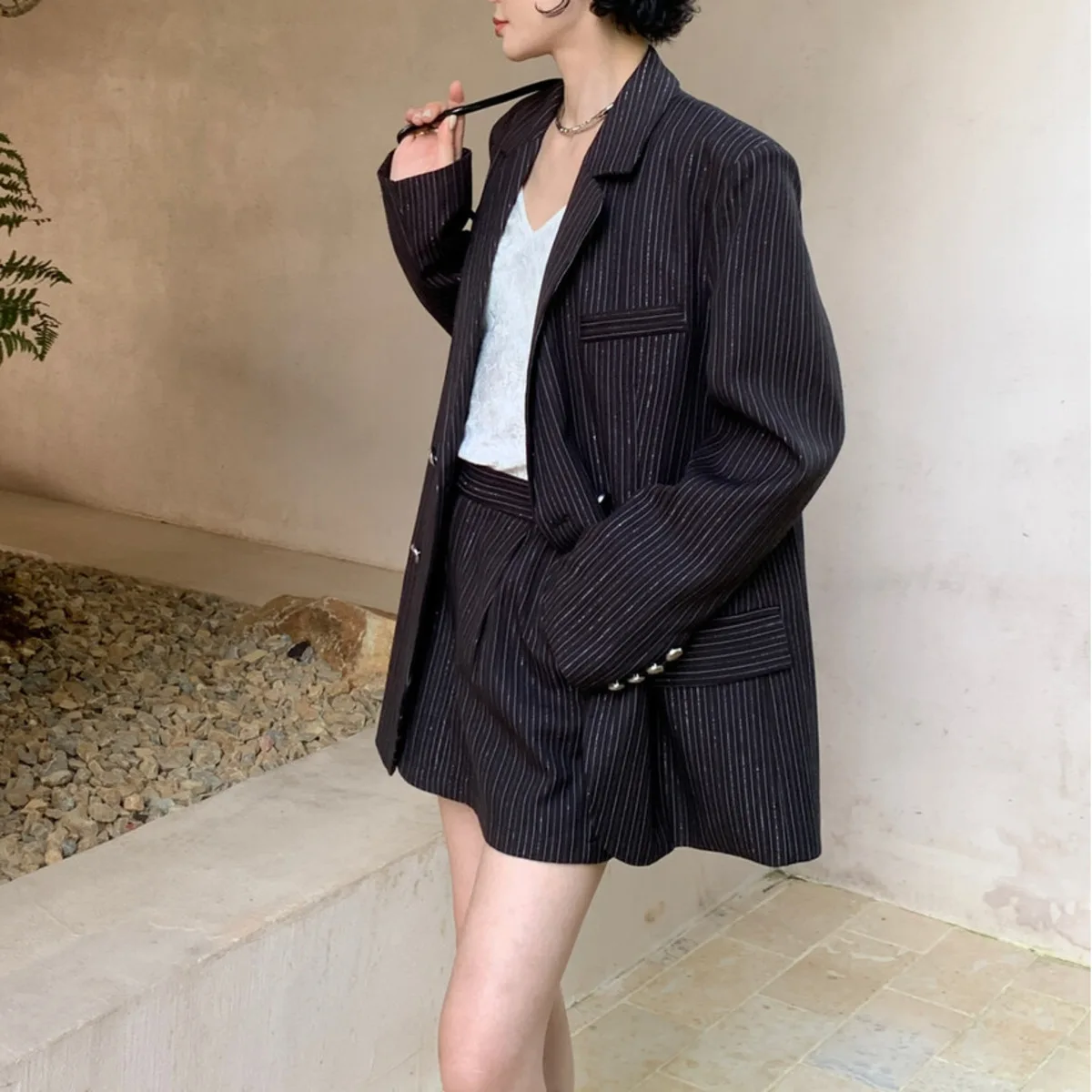 KWTX 여성 블레이저 더블 브레스티드 컬러 블록 스트라이프 라펠 캐주얼 엘레강트 디자이너 프리미엄 가을 패션 미니멀리스트 2025