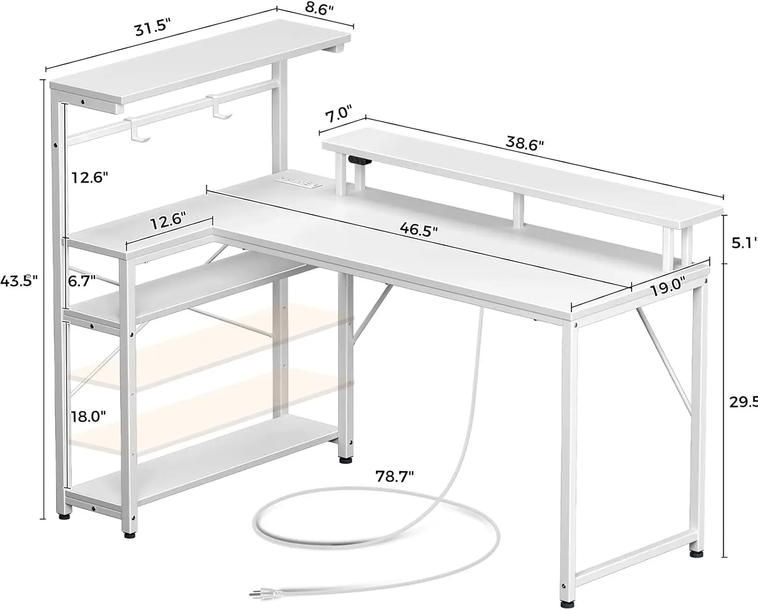 Gaming Desk with Power Outlet and LED Light, Reversible Small Desk with Monitor Stand and 4 Tiers Shelves, 47