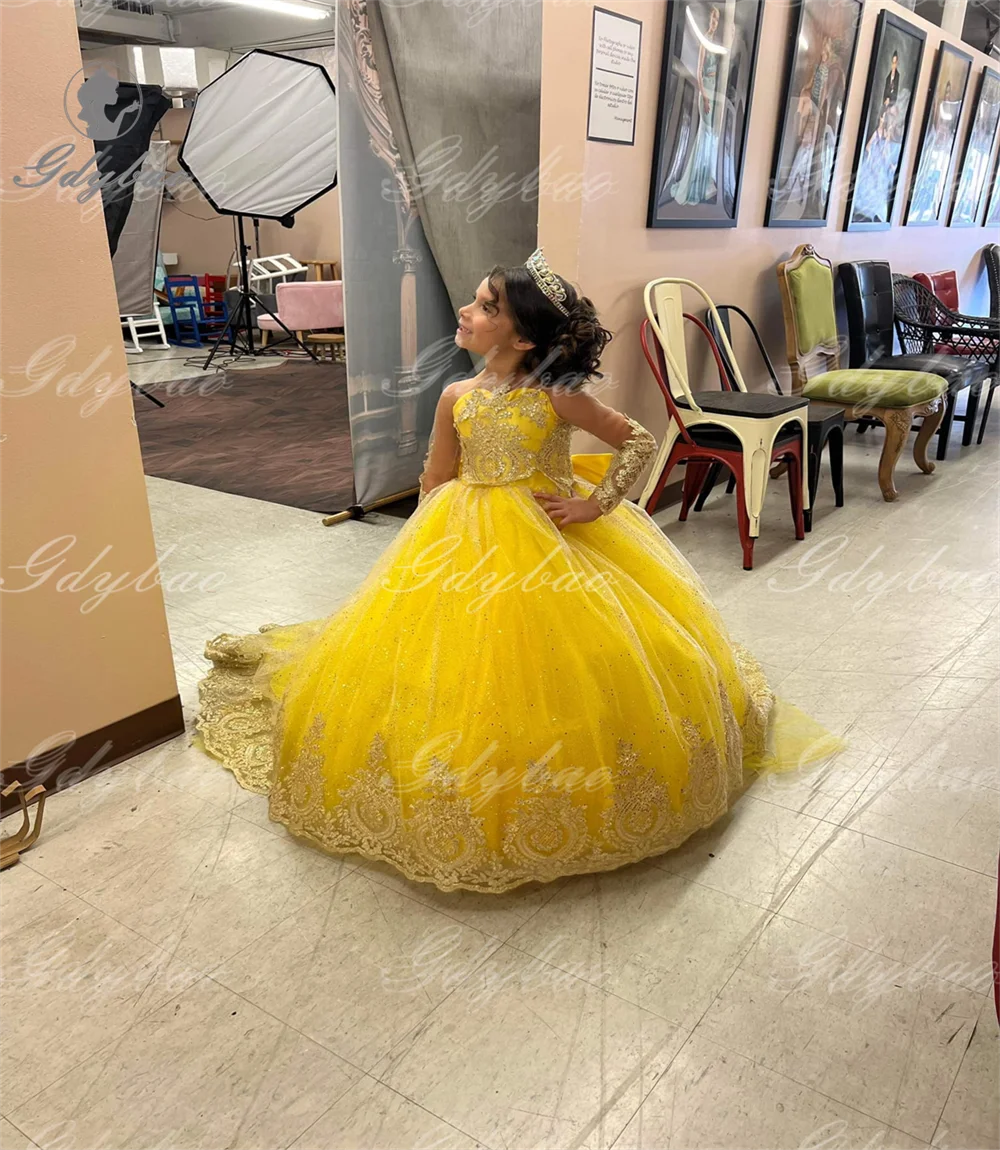 

Light Yellow Full Sleeves Girls Elegant Dresses Tulle Lace Long Prom Baby Party Bespoke Occasion Kids Holy Communion Gown