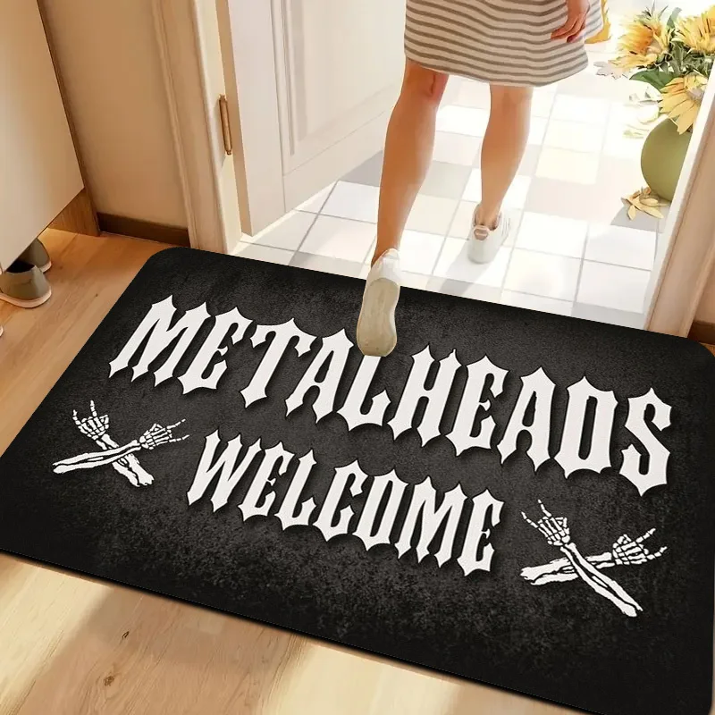 Metalheads Welcome Skeleton Rock Hand Sign Flannel Doormat Non Slip Front Entry Floor Mat Heavy Metal Gothic Rock Entrance Decor