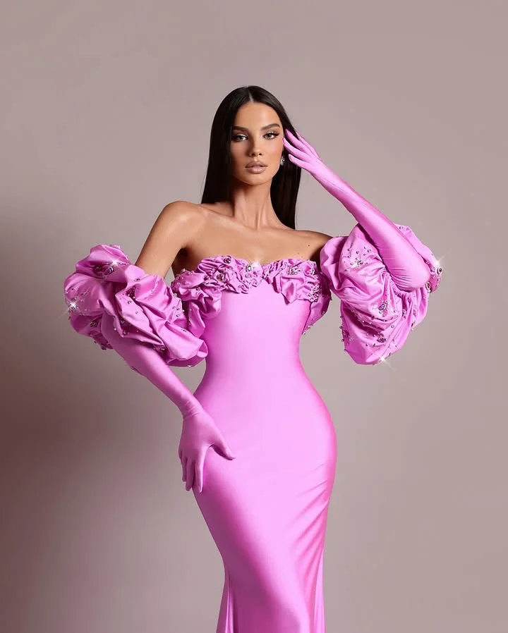 Preciosos vestidos de noche de sirena rosa con mangas desmontables, volantes con cuentas, vestido de fiesta Formal Floral, vestidos de fiesta