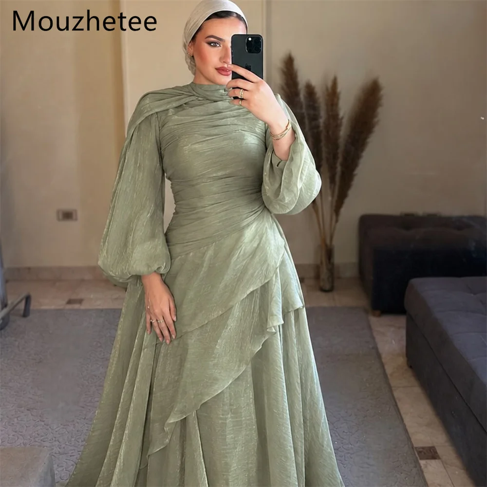 Mouzhetee Elegant A-Line O-Neck Pleats Evening Dresses Formal Party Gowns for Women Shiny Long Sleeve Prom Gown Customized 2026