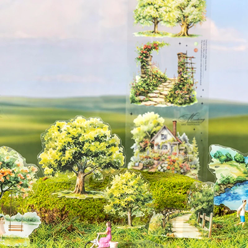 3rolls A Tree's Landscape Series Landscaping PET Tape Handbook Material Collage DIY Photo Frame Scrapbook Phone Case Postcard