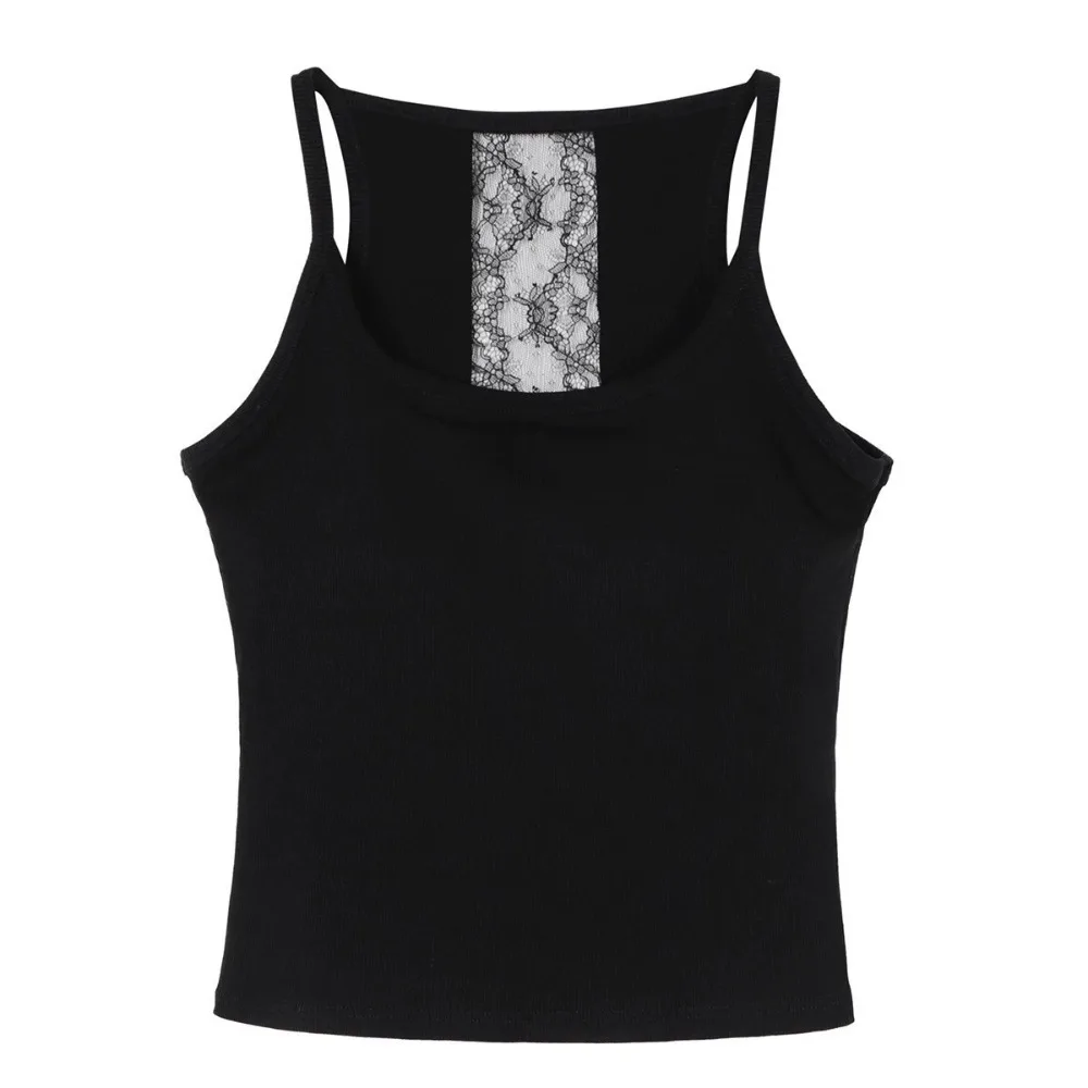 

Casual Back Patchwork Lace Tank Top Round Neck Cotton Sleeveless Vest Solid Color Slim Fit Crop Top